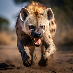 An aggressive Hyena running towards its prey. Generative ai. 