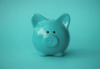 Blue piggy box background. Fast banking credit money concept