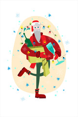 New Year vector illustration in flat style with Santa Claus and New Year's gifts in his hands. A man with gifts dressed as Santa Claus.