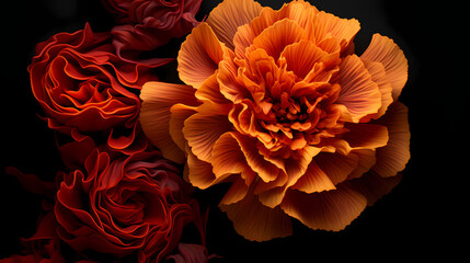 A graphic design of an orange marigold, with a fiery and intense color palette, presented on a smooth charcoal grey surface, embodying passion, creativity, and a bold spirit
