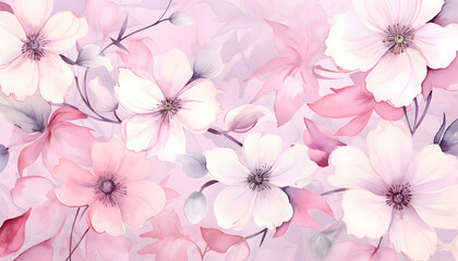 Obraz premium Light purple cherry blossom background. Watercolor illustration wallpaper. Background for decorations. Flower petals background. 
