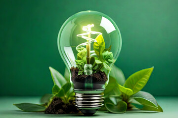 Vibrant eco friendly lightbulb surrounded by lush plants on a renewable energy concept