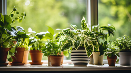 Potted houseplants on windowsill indoors - obrazy, fototapety, plakaty