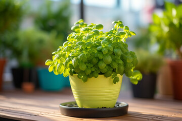 lemon balm (melissa) and thyme herb in flowerpot on balcony, urban container garden concept, aesthetic look