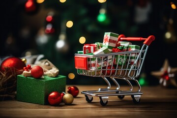Christmas tree with decorations in a supermarket cart. Christmas shopping and sale concept.