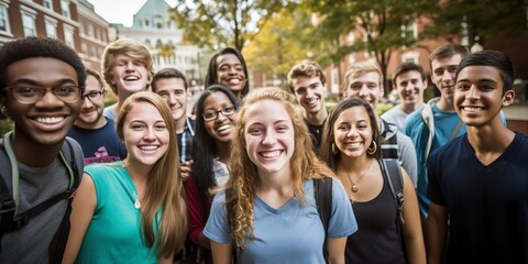 Group of diverse and enthusiastic students gather for a portrait capturing the essence of their youthful energy and camaraderie.