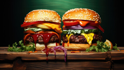fresh burger burger made of bun, onion, tomato, ketchup, mayonnaise, cheese, lettuce, meat patty,...