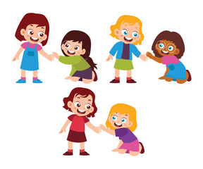 Group of Good Little Girl helping friend that falling on the floor. Children Support Accident Friendship. Kid Activity Isolated Element Objects. Flat Style Icon Vector Illustration