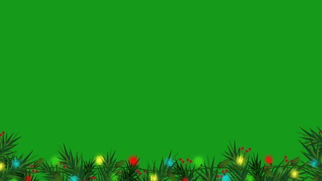 Christmas festive frame with bottom decorations, candy, stars and lights with green screen background