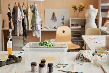 Workplace of craftsperson with variety of supplies necessary for tie dying clothes standing around plastic container with lattice and crumpled t-shirt
