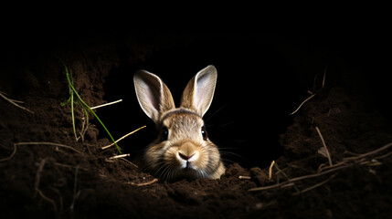Rabbit looking out of a hole in the ground
