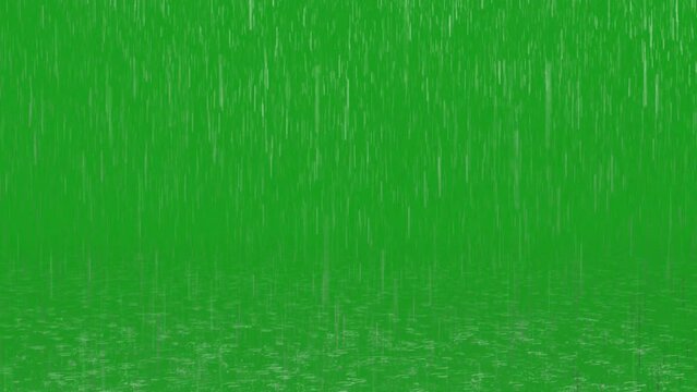 Rain falling on ground with droplet splashes on green screen background