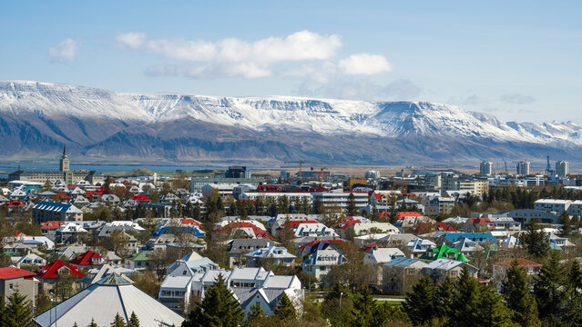 View over reykjavik colorful roofs and houses in iceland