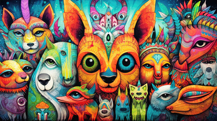 Kaleidoscope of surreal, colorful animals and masks in a dreamlike, intricate artwork