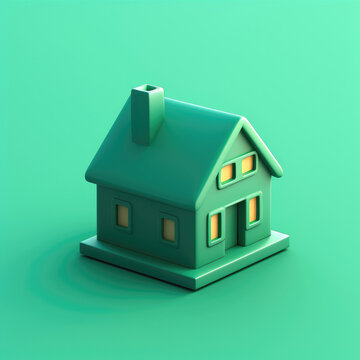Minimalist 3D green house on a monochromatic green backdrop