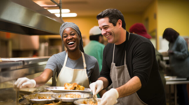 Joyful coworkers serve food and share a laugh in a bustling kitchen
