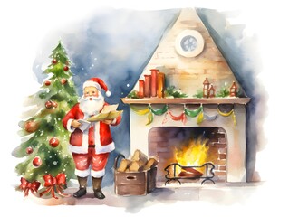 Watercolor Christmas illustration. Santa Claus stands near the fireplace and Christmas tree reading a letter. Generative AI