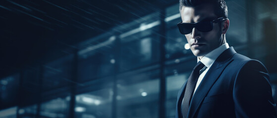 Fototapeta na wymiar Secret service security bodyguard agent man in silhouette on dark background.