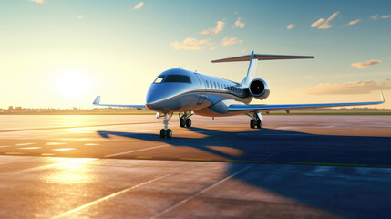 Sleek private jet parked on runway during sunset - obrazy, fototapety, plakaty