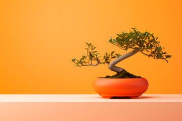 Miniature bonsai tree in a ceramic pot on an orange background with a copy space 