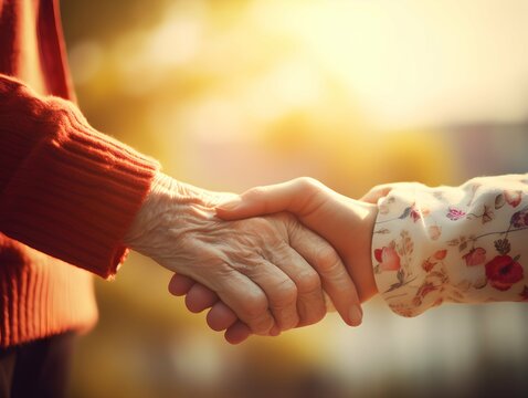 Taking care of the elderly concept with young woman holding the hand of a senior. Generative AI