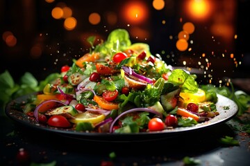 Obraz na płótnie Canvas A colorful and artistic salad, bokeh lights background. generative AI