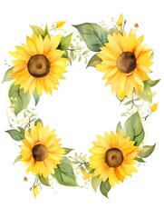 Sunflower frame. Watercolor floral illustration. Yellow flowers for rustic wedding design. Generative AI