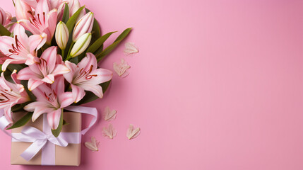 Fototapeta na wymiar Beautiful Alstroemeria flowers and gift boxes on pink background