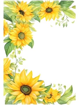 Sunflower frame. Watercolor floral illustration. Yellow flowers for rustic wedding design. Generative AI