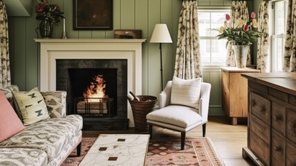 Antique cottage sitting room, green wall living room interior design and country house home decor, sofa, fireplace and lounge furniture, English countryside style - obrazy, fototapety, plakaty