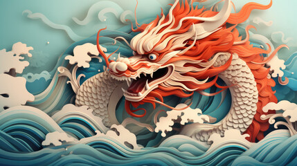 The 3D majestic Chinese dragon totem, swimming on the water, Chinese zodiac signs - obrazy, fototapety, plakaty