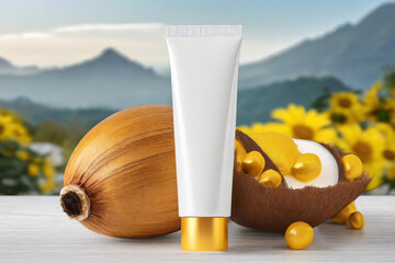 Mockup in the form of a gold and white cream bottle.
