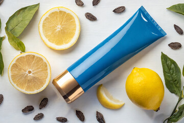 Mockup in the form of a blue cream bottle.