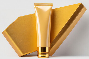 Mockup in the form of a gold and white cream bottle.