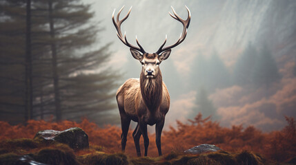 Red deer stag with antlers in a foggy forest landscape