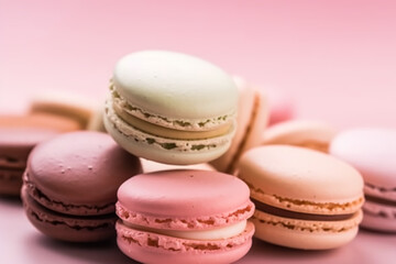 Obraz premium Macaroons on cream pastel background, chic cafe dessert, sweet food and holiday cake macaron for luxury confectionery, generative ai