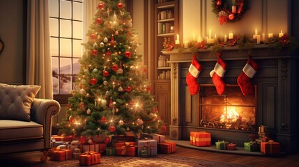 A cozy living room on Christmas Eve, with a beautifully decorated Christmas tree, presents neatly wrapped, and warm, soft lighting creating a festive and heartwarming atmosphere