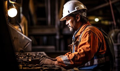 A Hardworking Man in a Protective Hard Hat Operates Industrial Machinery