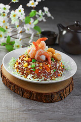 traditional chinese wok egg fried rice seafood big tiger prawn xo sauce vegetable in plate on grey vintage background cafe hotel luxury halal food restaurant banquet menu