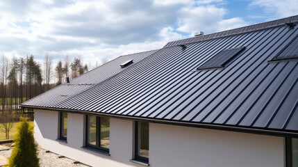 Corrugated metal roof installed in a modern house, view from outdoors - Powered by Adobe