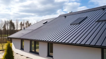 Fotobehang Corrugated metal roof installed in a modern house, view from outdoors © standret
