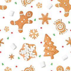 seamless pattern of Christmas gingerbread cookies, confetti and marshmallows on a white isolated background