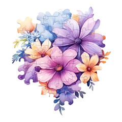 Watercolor floral jigsaw arrangement is displayed against a transparent background for creative artworks that require floral illustrations.
