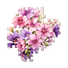 Watercolor floral jigsaw arrangement is displayed against a transparent background for creative artworks that require floral illustrations.