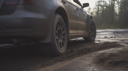 A close-up of a rally car's rear tire fiercely throwing up dirt on the track, taken from a back angle. The deep depth of field and sunlight streaming in the late afternoon enhance the dynamic scene.