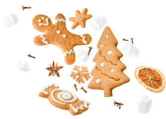 gingerbread cookies, marshmallows and spices levitate on a white isolated background