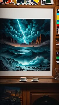 painting of lightning and storm in the ocean