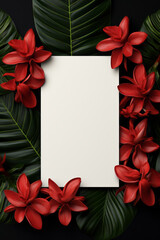 blank white greeting card encircled by a lush arrangement of vibrant red tropical flowers and lush tropical leaves