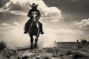 Cowboy rides a horse on a dusty road, old Wild West style - obrazy, fototapety, plakaty