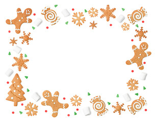 Fototapeta na wymiar Christmas frame made of gingerbread cookies, marshmallows and confetti isolated on white background